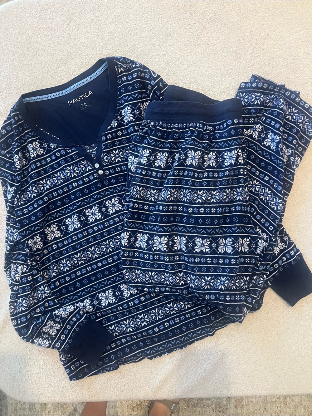 Nautica Navy and White Fair Isle V-Neck Henley Top